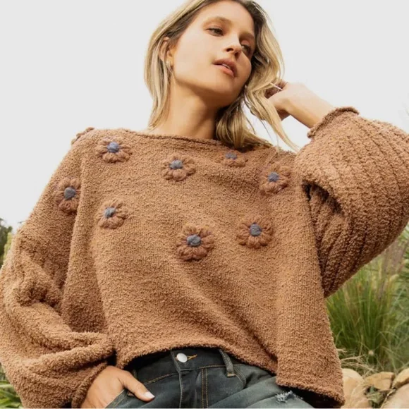 LAST ONE POL Brown Textured Knit Flower Patchwork Sweater Top - Picture 7 of 7